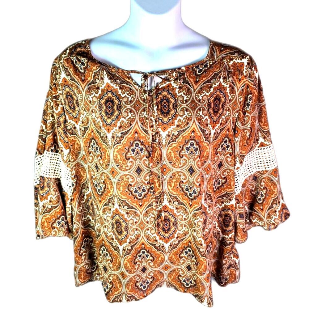 Sami & Jo Plus Tunic Brown Paisley 2X Boho Bell Sleeve Crochet Trim